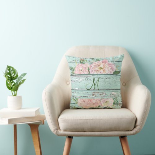 Aged Wood Monogram Name with Hydrangea Bloom  Throw Pillow