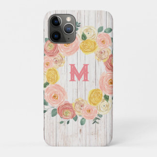 Aged Wood Monogram Rose & Eucalyptus Wreath iPhone 11 Pro Case