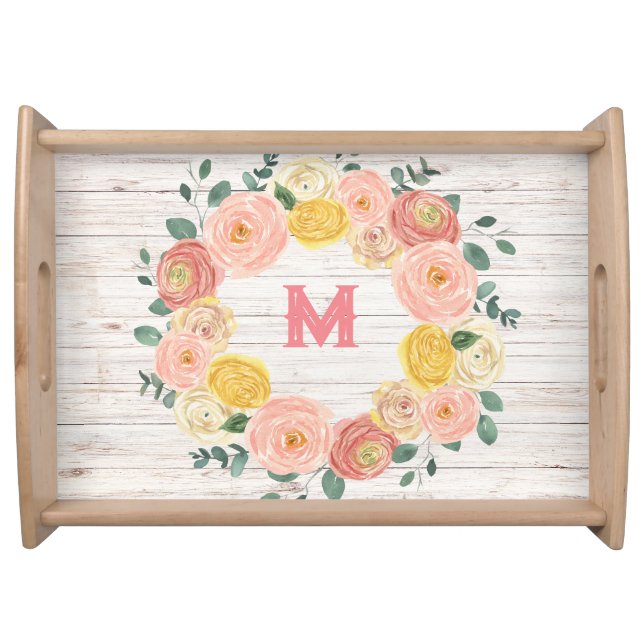 Aged Wood Monogram Rose & Eucalyptus Wreath Serving Tray (Front)