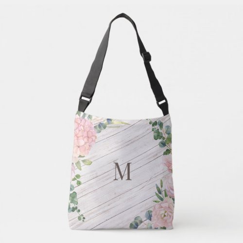 Aged Wood Monogram Rose Hydrangea  Eucalyptus Crossbody Bag