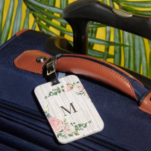 Aged Wood Monogram Rose Hydrangea  Eucalyptus Luggage Tag