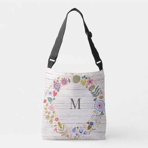 Aged Wood Monogram whimsical Flowers Crossbody Bag