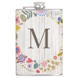 Aged Wood Monogram whimsical Flowers Flask