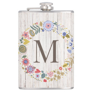 Aged Wood Monogram whimsical Flowers Flask