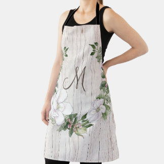 Aged Wood Monogram with Magnolias Wreath Apron