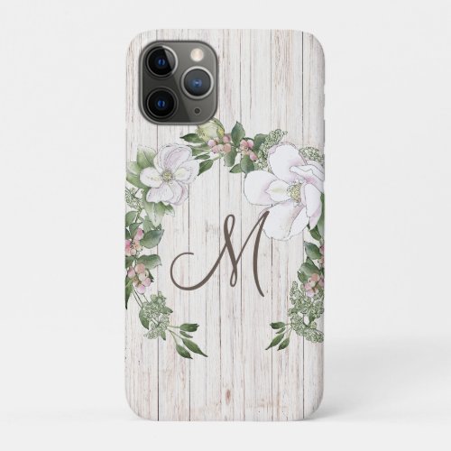 Aged Wood Monogram with Magnolias Wreath iPhone 11 Pro Case