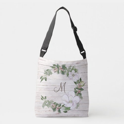 Aged Wood Monogram with Magnolias Wreath Crossbody Bag