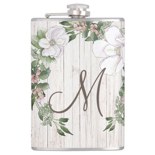 Aged Wood Monogram with Magnolias Wreath Flask