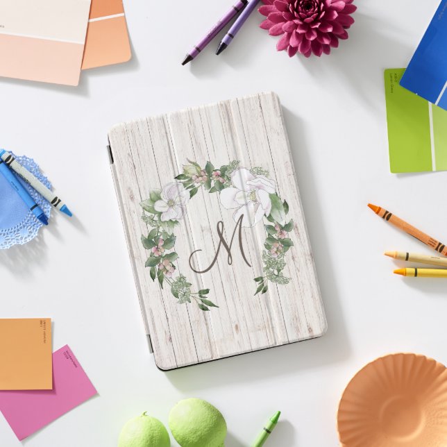 Aged Wood Monogram with Magnolias Wreath iPad Pro Cover (Desk)