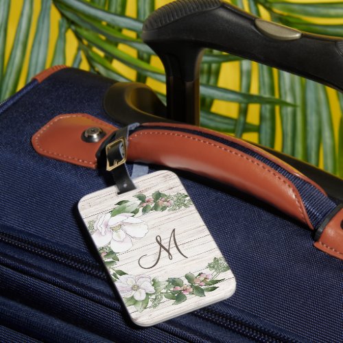 Aged Wood Monogram with Magnolias Wreath Luggage Tag