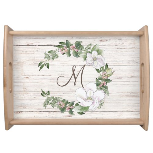 Aged Wood Monogram with Magnolias Wreath Serving Tray