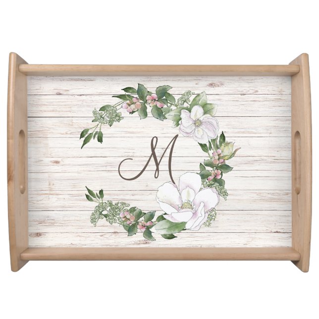 Aged Wood Monogram with Magnolias Wreath Serving Tray (Front)