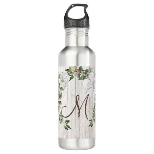 Aged Wood Monogram with Magnolias Wreath Stainless Steel Water Bottle