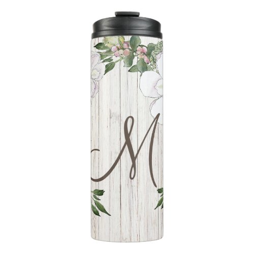 Aged Wood Monogram with Magnolias Wreath Thermal Tumbler