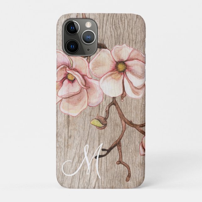 Aged Wood Monogram with Pink Magnolias Case-Mate iPhone Case (Back)