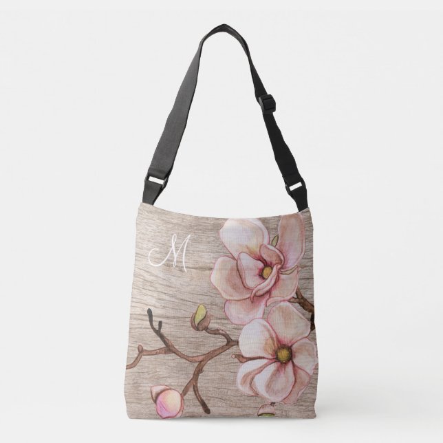 Aged Wood Monogram with Pink Magnolias Crossbody Bag (Front)