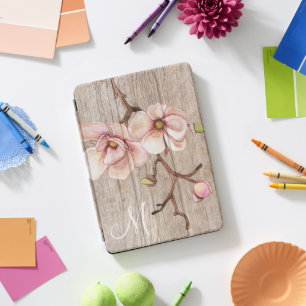 Aged Wood Monogram with Pink Magnolias iPad Pro Cover