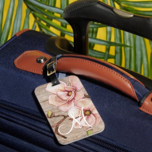 Aged Wood Monogram with Pink Magnolias Luggage Tag