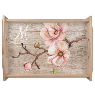 Aged Wood Monogram with Pink Magnolias Serving Tray
