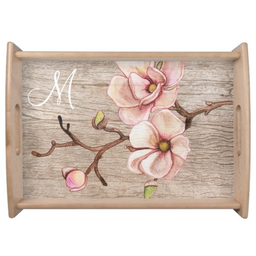 Aged Wood Monogram with Pink Magnolias Serving Tray
