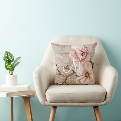 Aged Wood Monogram with Pink Magnolias Throw Pillow