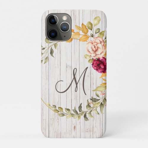 Aged Wood Monogram with Rose Bloom Wreath iPhone 11 Pro Case
