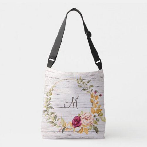 Aged Wood Monogram with Rose Bloom Wreath Crossbody Bag