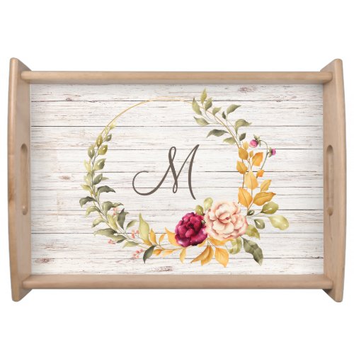 Aged Wood Monogram with Rose Bloom Wreath Serving Tray