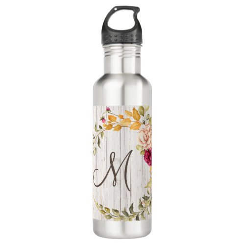 Aged Wood Monogram with Rose Bloom Wreath Stainless Steel Water Bottle