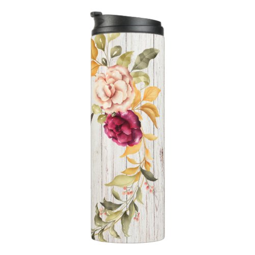 Aged Wood Monogram with Rose Bloom Wreath Thermal Tumbler