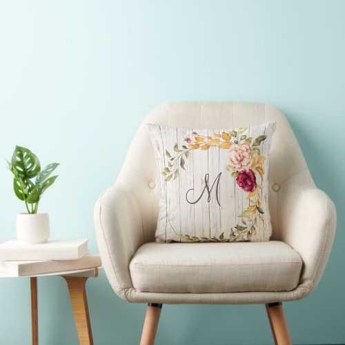 Aged Wood Monogram with Rose Bloom Wreath Throw Pillow