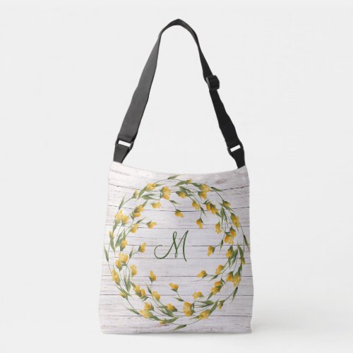 Aged Wood Monogram with Yellow Flower Bloom Wreath Crossbody Bag