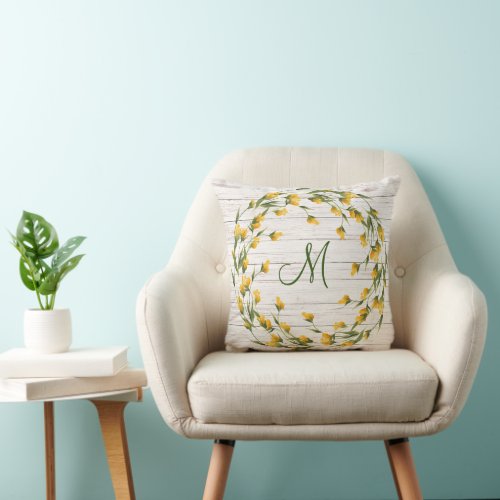 Aged Wood Monogram with Yellow Flower Bloom Wreath Throw Pillow