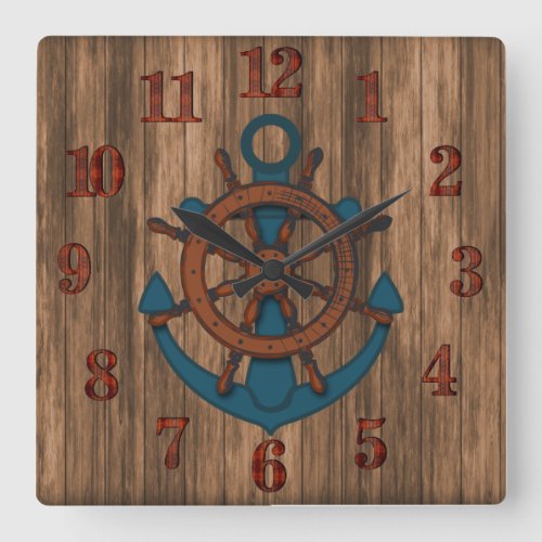 Aged Wood Nautical Anchor Square Wall Clock