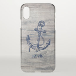 Aged Wood Planks &amp; Blue Nautical Boat Anchor. iPhone X Case