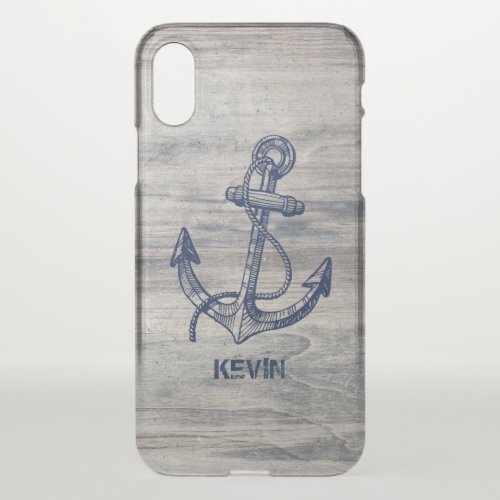 Aged Wood Planks  Blue Nautical Boat Anchor iPhone X Case