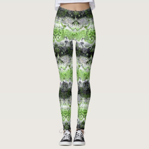 Agender Dragon Damask _ Agender Pride Flag Colors Leggings