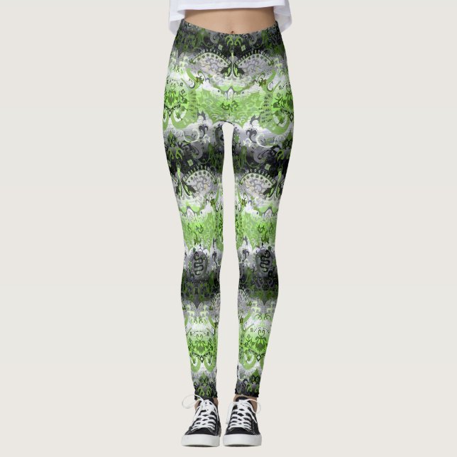Agender Dragon Damask - Agender Pride Flag Colors Leggings (Front)