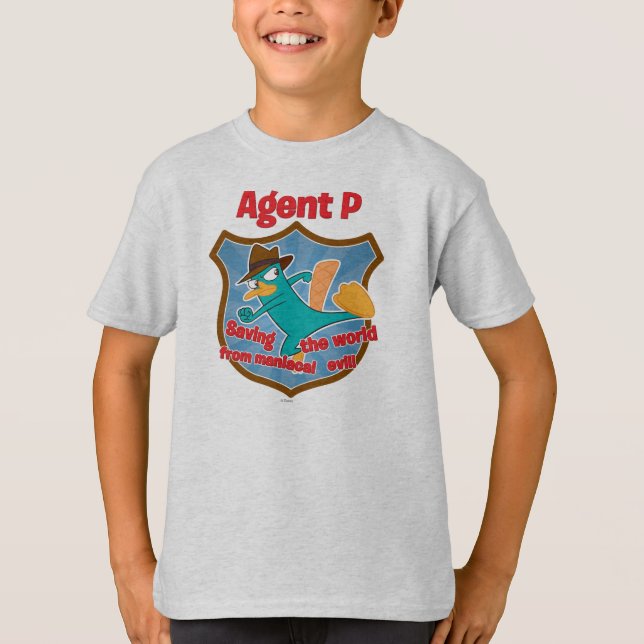 Agent P Saving the world from maniacal evil Badge T-Shirt (Front)