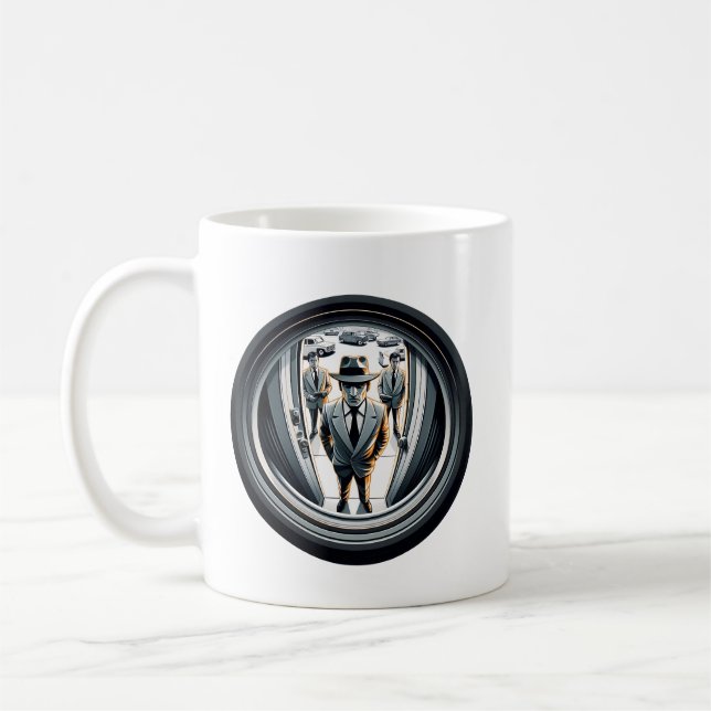 Agents in Grey at the Door | Fisheye Coffee Mug (Left)