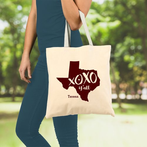 Aggies Maroon XOXO Yall _ Texas State Shape Tote Bag