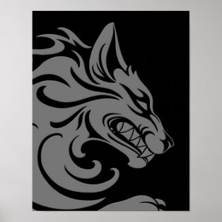 Aggressive Gray and Black Tribal Wolf Poster