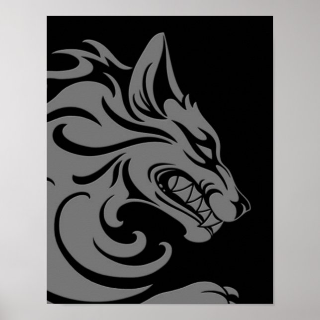 Aggressive Gray and Black Tribal Wolf Poster (Front)