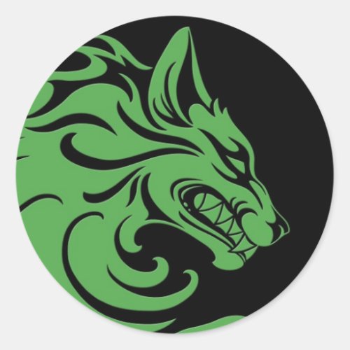 Aggressive Green and Black Tribal Wolf Classic Round Sticker
