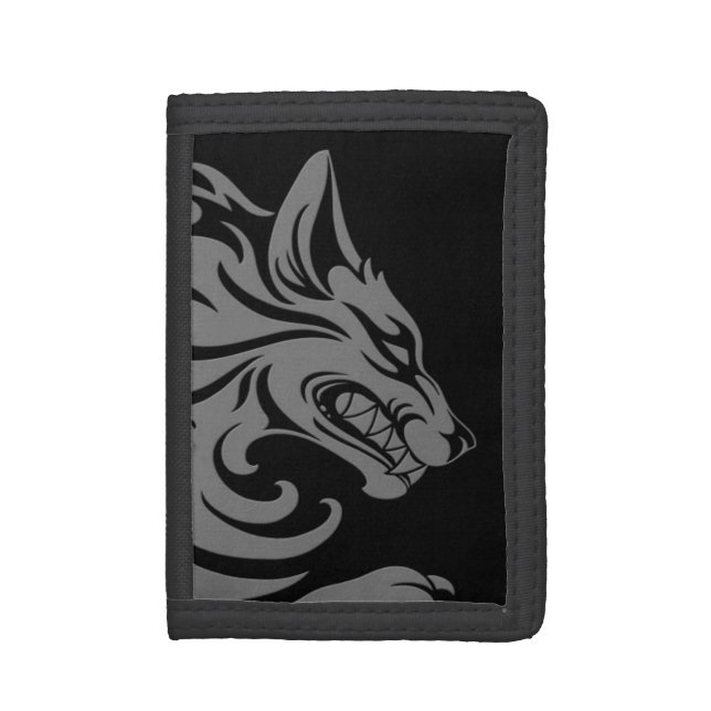 Aggressive Grey and Black Tribal Wolf Tri-fold Wallet (Front Vertical)