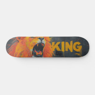 Aggressive Lion Roar Graffiti Mural with King Text Skateboard
