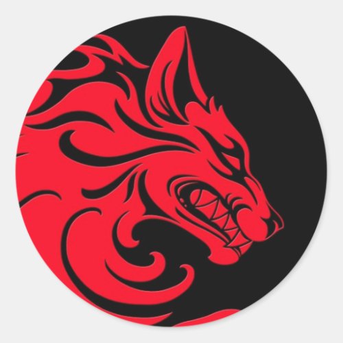 Aggressive Red and Black Tribal Wolf Classic Round Sticker