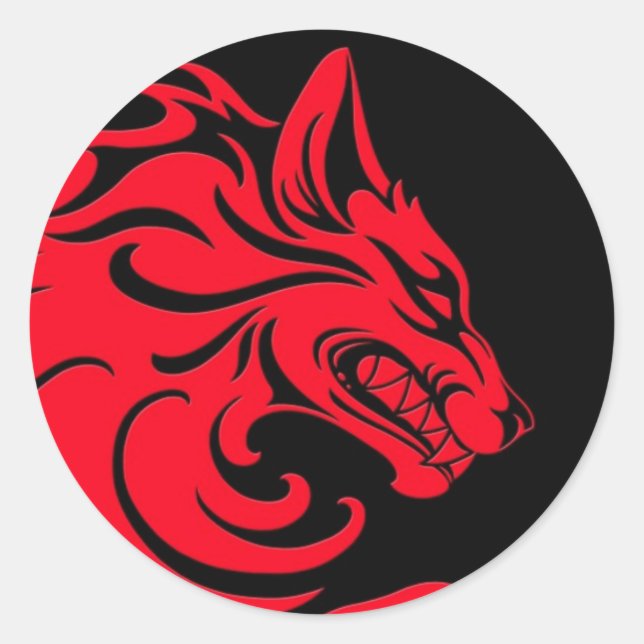 Aggressive Red and Black Tribal Wolf Classic Round Sticker (Front)