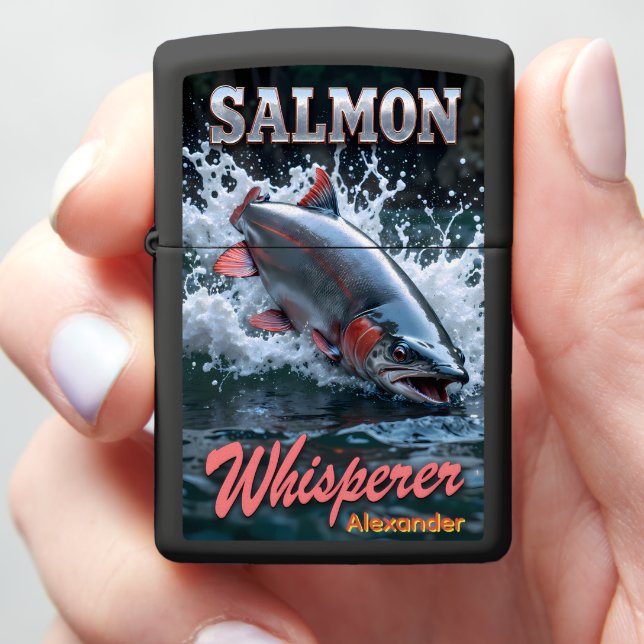 Aggressive Salmon Personalized Fishing Trophy Zippo Lighter (In Hand)