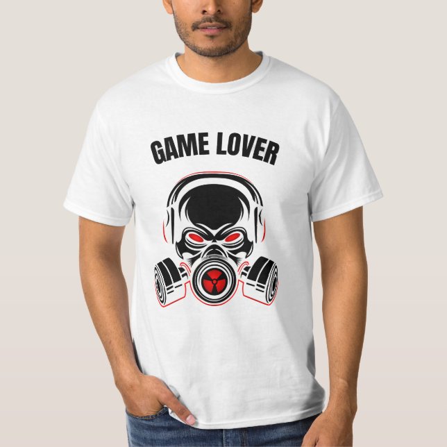 Aggressive Skull in Gas Mask with Headphones T-Shirt (Front)